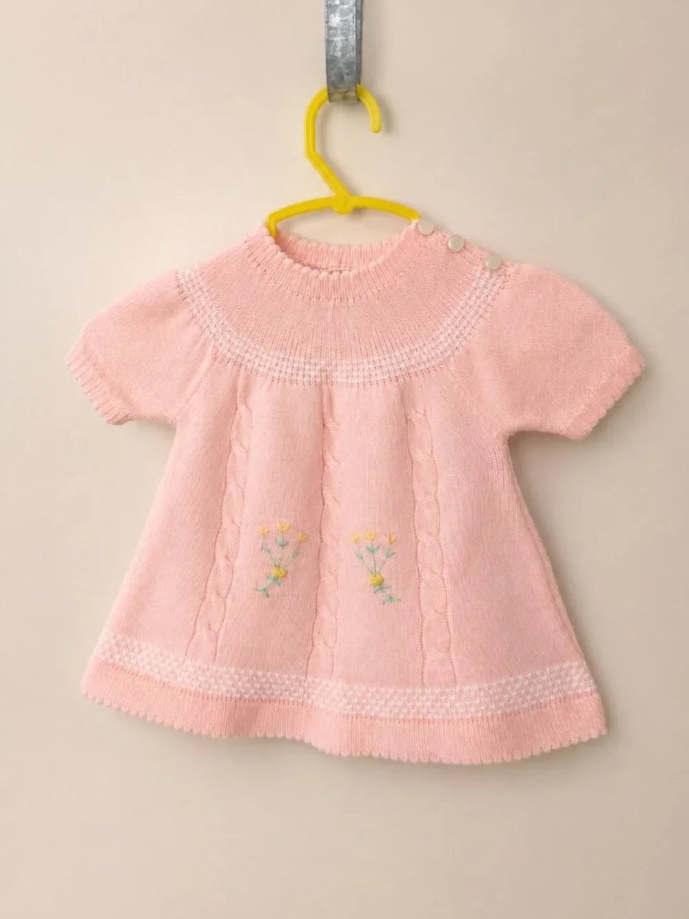 Vintage Pink Hand Knit Style Baby Sweater Dress Floral Embroidered Acrylic